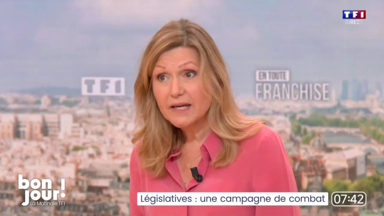 Yaël Braun-Pivet, présidente sortante de l’Assemblée Nationale et candidate à sa réélection dans la 5ème circonscription des Yvelines lors des législatives, sur le plateau de TF1 le vendredi 14 juin.