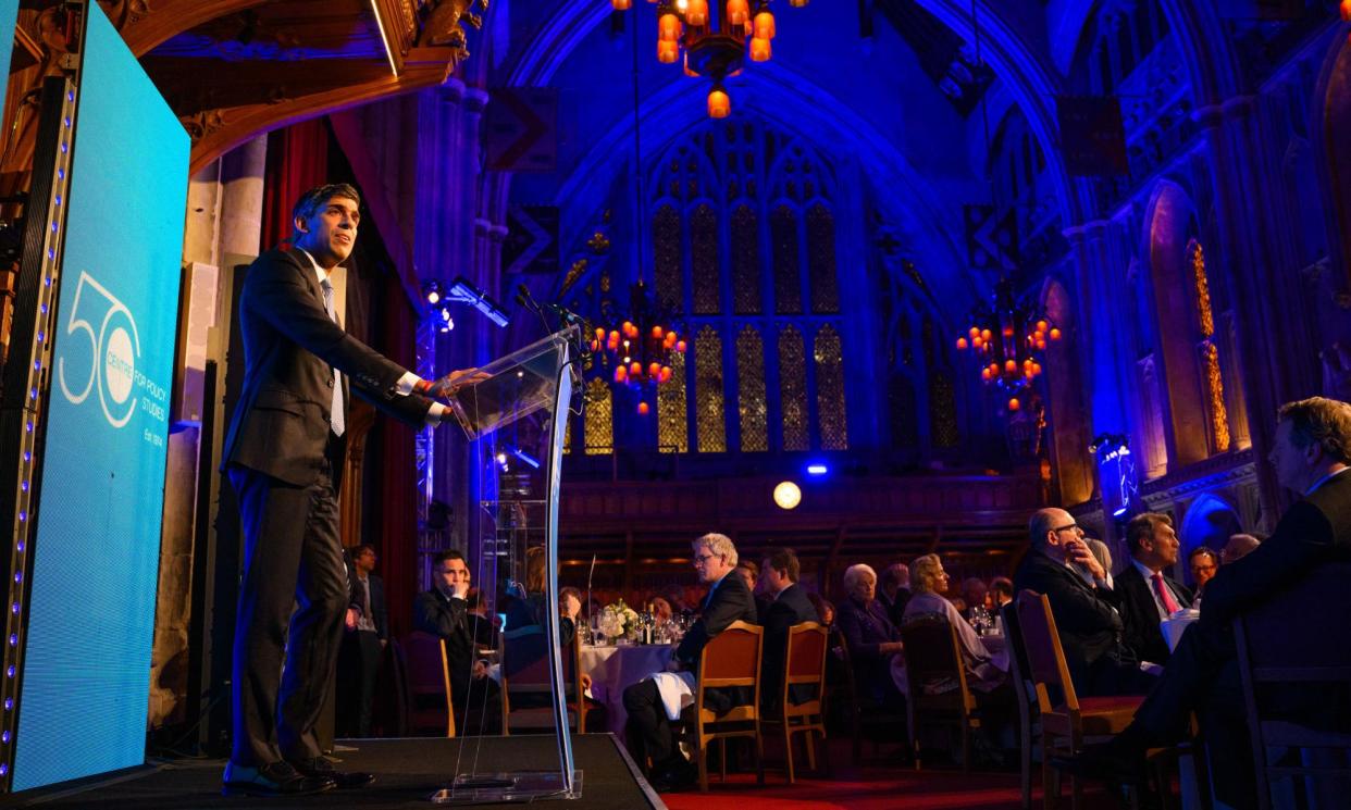 <span>Rishi Sunak addresses the Centre for Policy Studies’ 50th anniversary gala dinner at the City of London Guildhall on Wednesday night after the budget.</span><span>Photograph: Matt Crossick/PA</span>