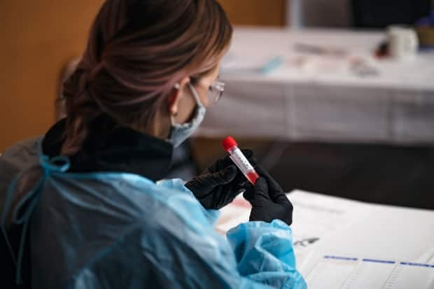 A member of Coastal GasLink's testing crew prepares a COVID-19 test sample during a training session in northern B.C. in February. 