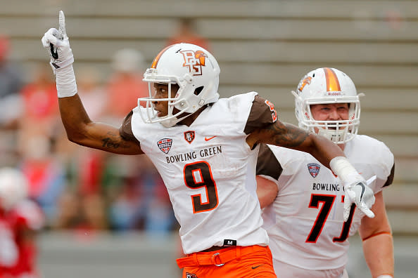 Teo Redding celebrates after a touchdown reception against the Miami Ohio Redhawk as the Falcons earned their first victory of the year (Getty Images)