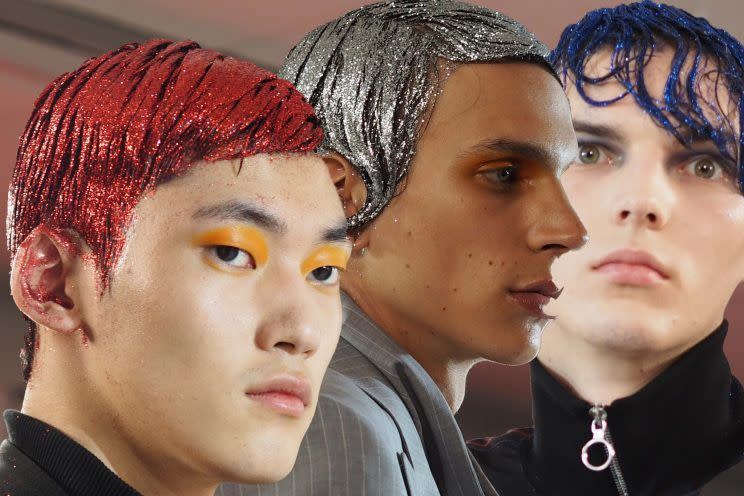 Topman verpasste den männlichen Models Glitzerfrisuren. [Bild: Yahoo Style UK/Sabrina Carder]