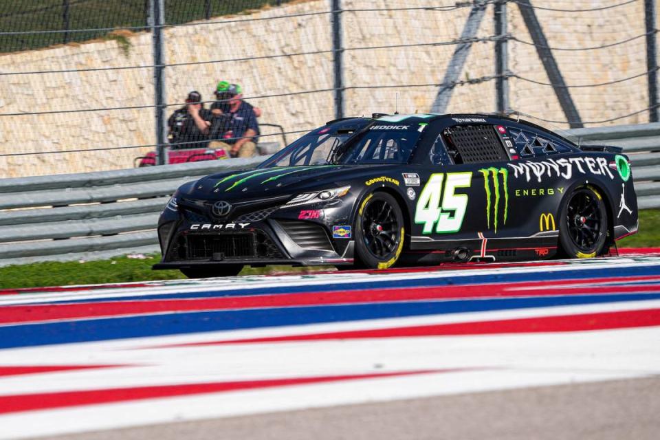 Monster Energy Toyota driver Tyler Reddick (45) rounds turn 18 during the NASCAR EchoPark Automotive Grand Prix at the Circuit of the Americas on Sunday, Mar. 26, 2023 in Austin.