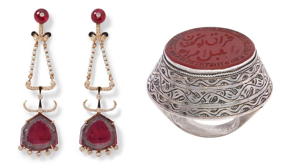 Earrings by Hanut Singh and a vintage carnelian and silver ring of Middle Eastern origin. - Credit: The Metropolitan Museum, Mahnaz Collection