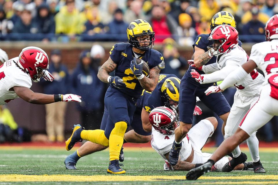 Michigan running back Blake Corum runs against Indiana during the first half at Michigan Stadium in Ann Arbor on Saturday, Oct. 14, 2023.