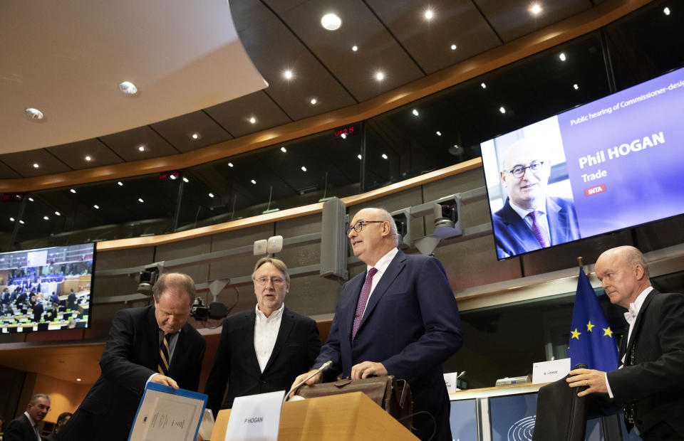 European Commissioner designate for Trade Phil Hogan arrives for his hearing at the European Parliament in Brussels, Monday, Sept. 30, 2019. (AP Photo/Virginia Mayo)