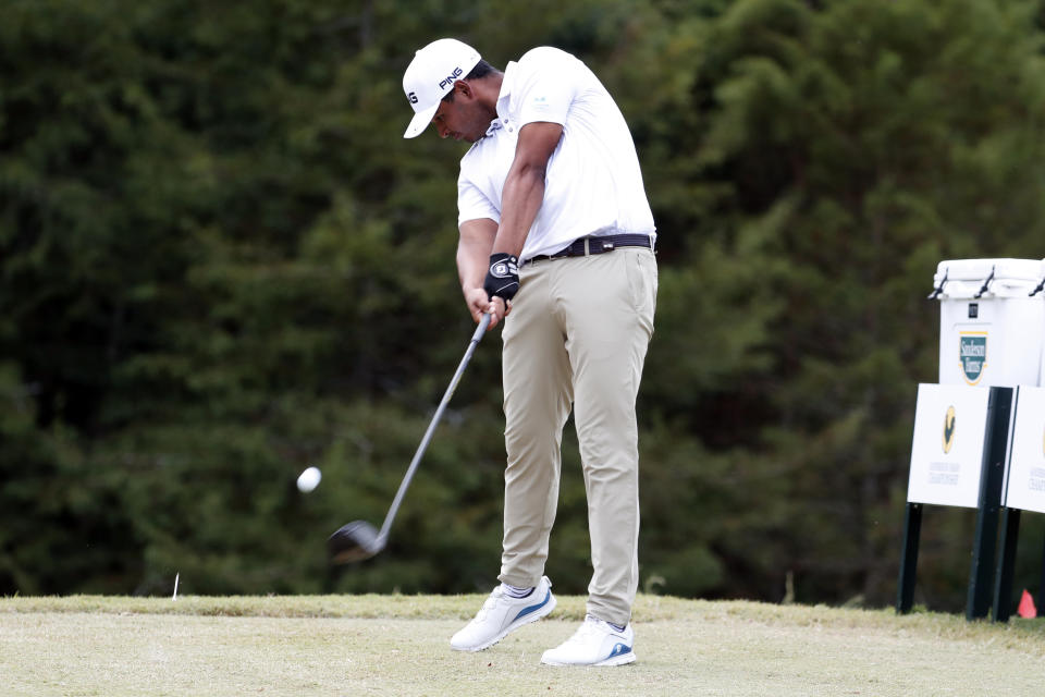 Sebastian Munoz, of Colombia, hits from the third tee during the final round of the Sanderson Farms Championship golf tournament in Jackson, Miss., Sunday, Sept. 22, 2019. (AP Photo/Rogelio V. Solis)