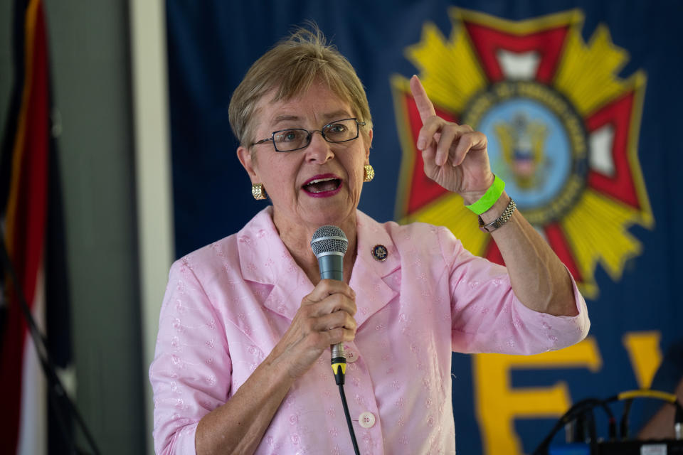 Rep. Marcy Kaptur speaks into a microphone.