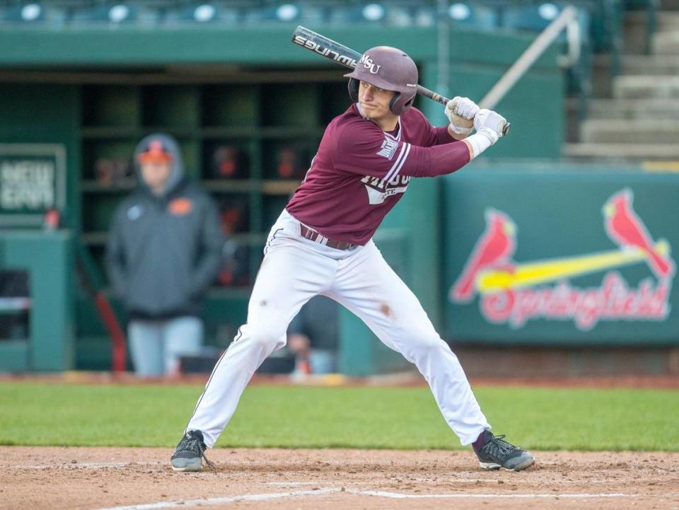 Belleville East graduate Drew Millas is locked in at the plate during his playing days with the Missouri State Bears. Millas was recently promoted to the Rochester Red Wings, the Nationals’ AAA affiliate. Millas’ hitting coach is Belleville West graduate and former Boston Red Sox star Brian Daubach, who played in the major leagues eight seasons. Courtesy of Missouri State athletics