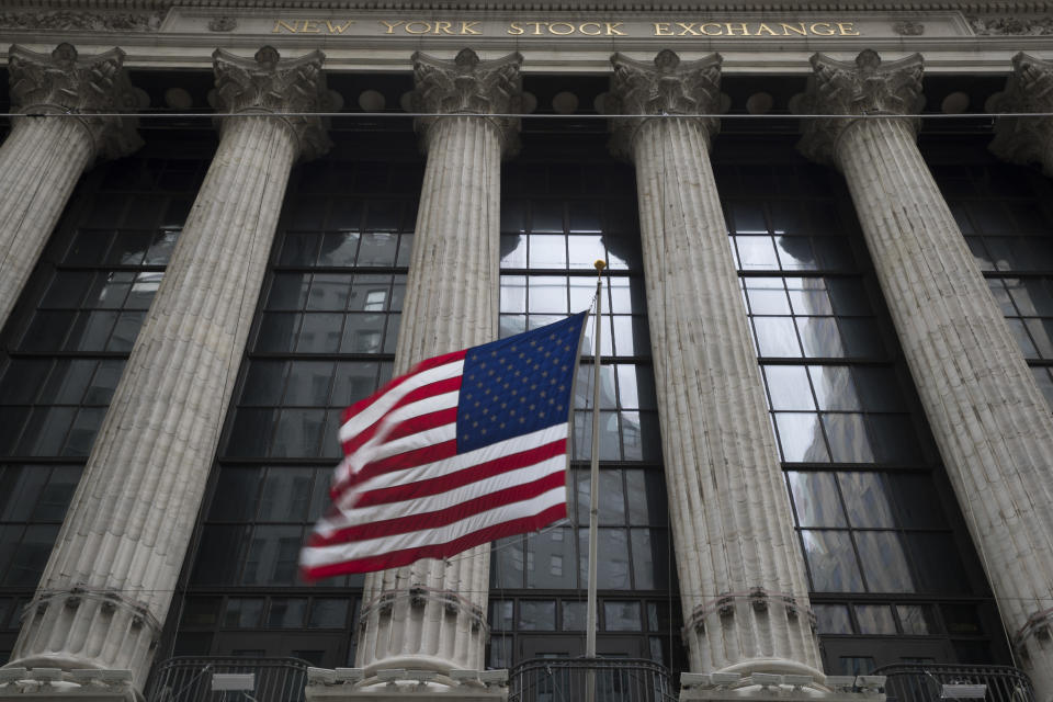 <p>FILE- In this April 24, 2018, file photo, an American flag flies outside the New York Stock Exchange. The U.S. stock market opens at 9:30 a.m. EDT on Wednesday, Aug 8. (AP Photo/Mary Altaffer, File) </p>