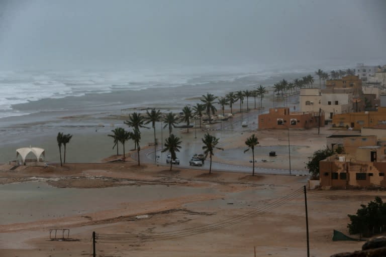 A picture taken on May 25, 2018, shows high waves breaking along the shore in Oman's southern city of Salalah as the country braced against Cyclone Mekunu