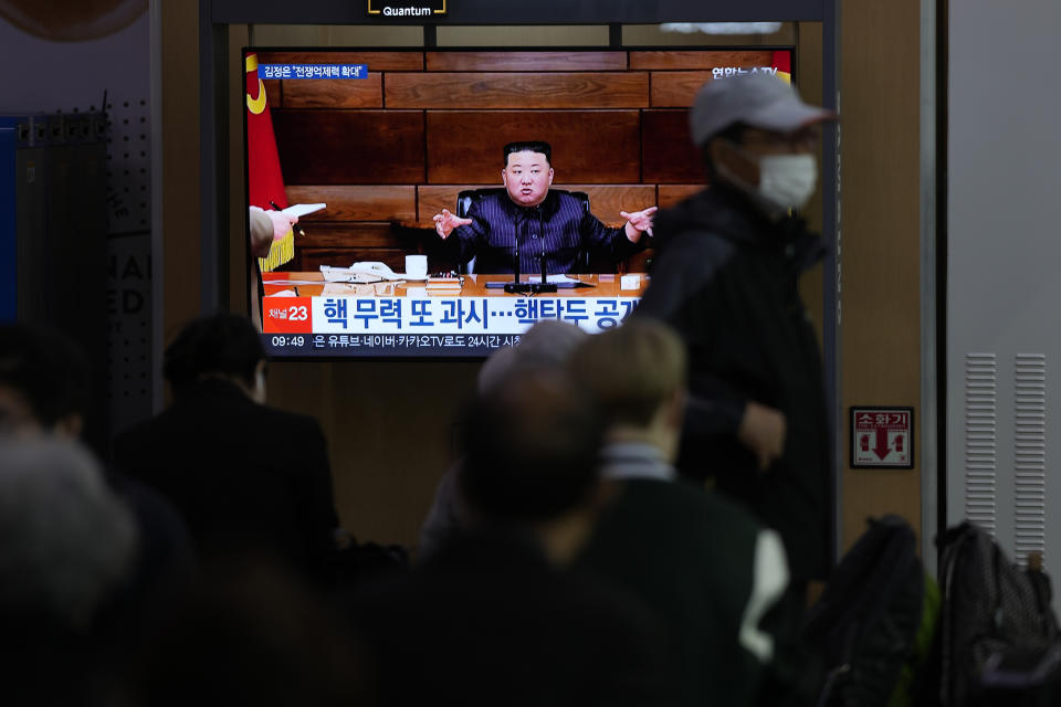 A TV screen shows an image of North Korean leader Kim Jong Un, during a news program at the Seoul Railway Station in Seoul, South Korea, Tuesday, April 11, 2023. Kim vowed to enhance his nuclear arsenal in more "practical and offensive" ways as he met with senior military officials to discuss the country's war preparations in the face of his rivals' "frantic" military exercises, state media said Tuesday. (AP Photo/Lee Jin-man)