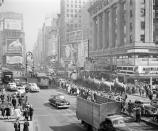 <p>Ringling Bros. and Barnum & Bailey Circus elephants are seen on parade near New York’s Times Square, April 9, 1945. (AP Photo/Anthony Camerano) </p>