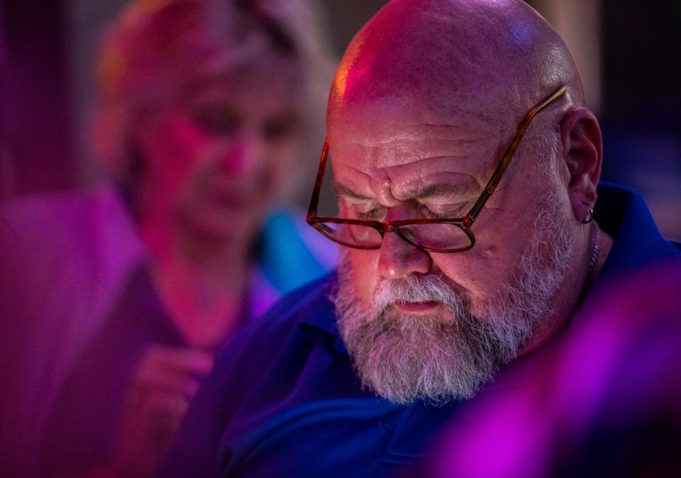 Mayor Pro Tem Gary Gardner watches election results come in during an election night watch party at Playoffs sports bar on Tuesday.