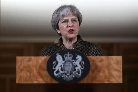 Britain's Prime Minister Theresa May attends a press conference in 10 Downing Street, London, April 14, 2018. REUTERS/Simon Dawson/Pool