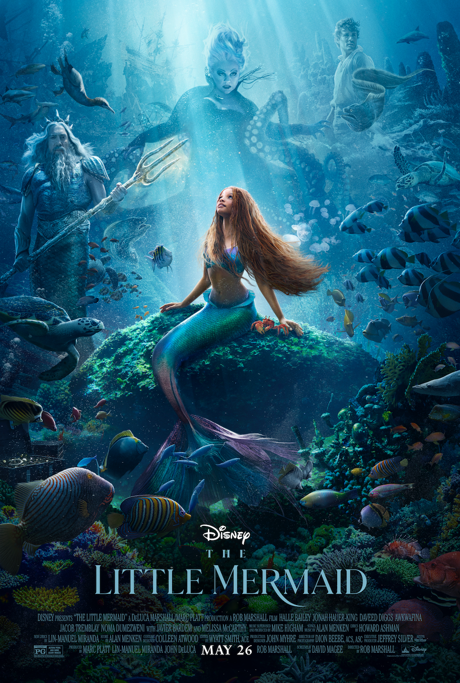 Halle Bailey, Javier Bardem and Melissa McCarthy on the new poster for The Little Mermaid. (Disney)