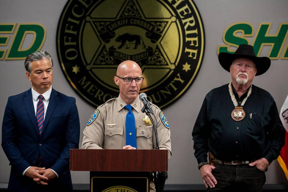 California Highway Patrol Capt. Jonathan Staricka announces the recent seizure of 40 pounds of fentanyl and 104 pounds of methamphetamine, as well as the arrest of seven suspects that come as a result of two Merced County traffic stops, during a news conference in Merced, Calif., on Wednesday May 3, 2023. Authorities said the stops occurred in April and led to the discovery of the narcotics worth about $4.2 million.