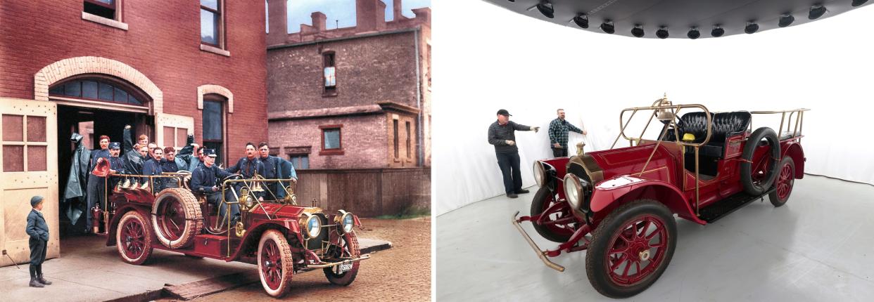 LEFT: An archival photo from the Detroit Historical Society shows a 1910 Packard pulling out of a Detroit firehouse. RIGHT: Joe Tonietto, 67, of Troy, left, and Dave Marchioni, 55, of St. Clair Shores and the industrial and automotive curator for the Detroit Historical Society, discuss a 1910 Packard that was going to be photographed in the studio at the warehouse of the Collections Resource Center in Detroit on  Nov. 9, 2023. The Packard was modified back then so the Detroit Fire Department could use it as a firefighter transport squad car.