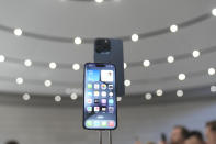 The iPhone 15 Pro is displayed during an announcement of new products on the Apple campus, Tuesday, Sept. 12, 2023, in Cupertino, Calif. (AP Photo/Jeff Chiu)