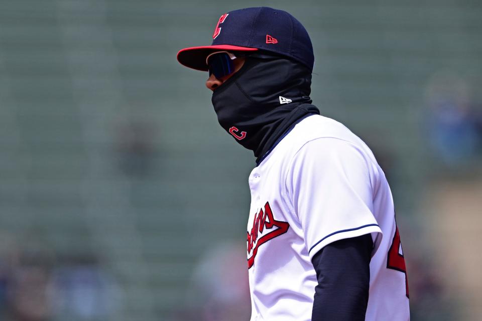 Cleveland Guardians first baseman Bobby Bradley stands in the second inning of a baseball game against the San Francisco Giants, Sunday, April 17, 2022, in Cleveland. (AP Photo/David Dermer)