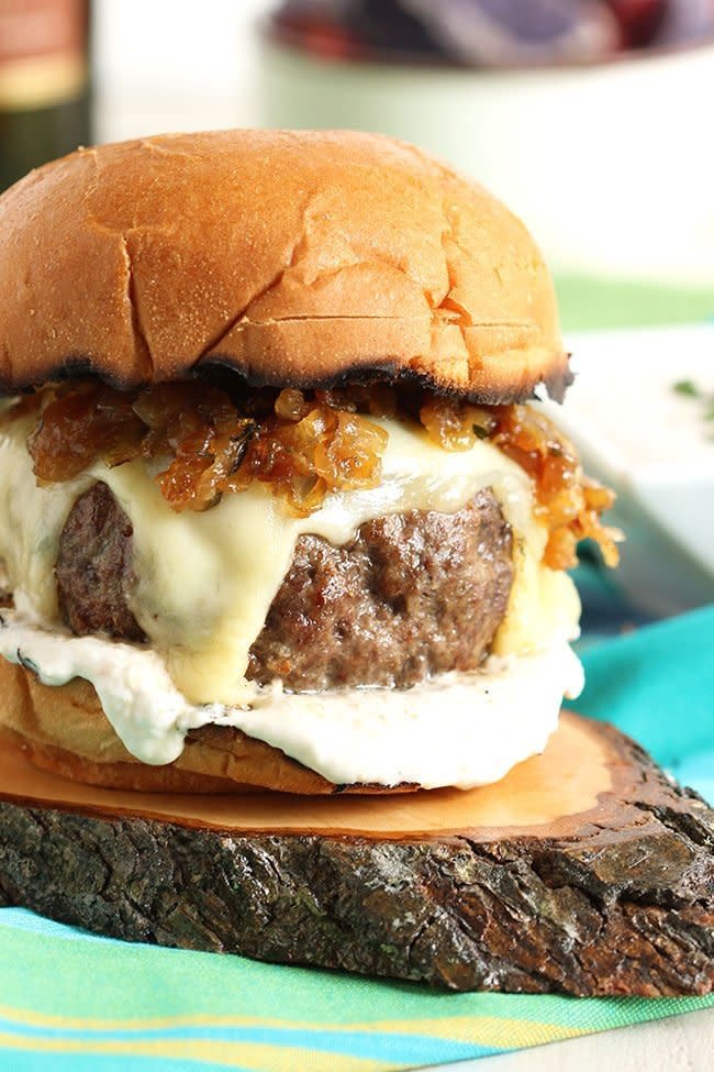 <strong>Get the <a href="http://thesuburbansoapbox.com/2015/07/16/french-dip-burger-with-havarti-swiss-and-bourbon-fried-onions/" target="_blank">French Dip Burger with Havarti, Swiss and Bourbon Fried Onions recipe</a>&nbsp;from&nbsp;The Suburban Soapbox</strong>