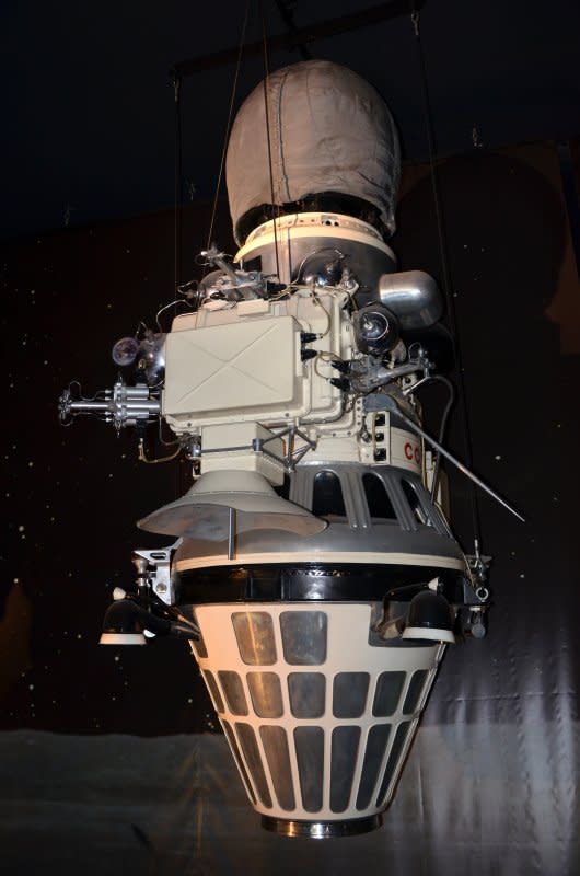 A replica of the Luna 9 soviet satellite taken in February 2009 appears at the Museum of Air and Space Paris Le Bourget in France. On February 3, 1966, the Soviet Union accomplished the first controlled landing on the moon when the unmanned spacecraft Luna 9 touched down on the Ocean of Storms. File Photo by Pline/Wikimedia