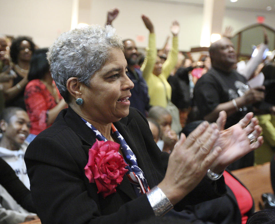 FILE - Atlanta Mayor Shirley Franklin and supporter of Democratic Presidential hopeful Barack Obama reacts during an election-night party at Ebenezer Baptist Church in Atlanta, Nov. 4, 2008. The Democrat Franklin said on Tuesday, June 25, 2024, that she's banding together with three other prominent former Georgia officials to push back against efforts to undermine elections. (AP Photo/W.A. Harewood, File)