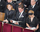 <p>Princess Beatrice, Edoardo Mapelli Mozzi, and Lady Louise Windsor at the state funeral of Queen Elizabeth II, held at Westminster Abbey, London. (PA)</p> 