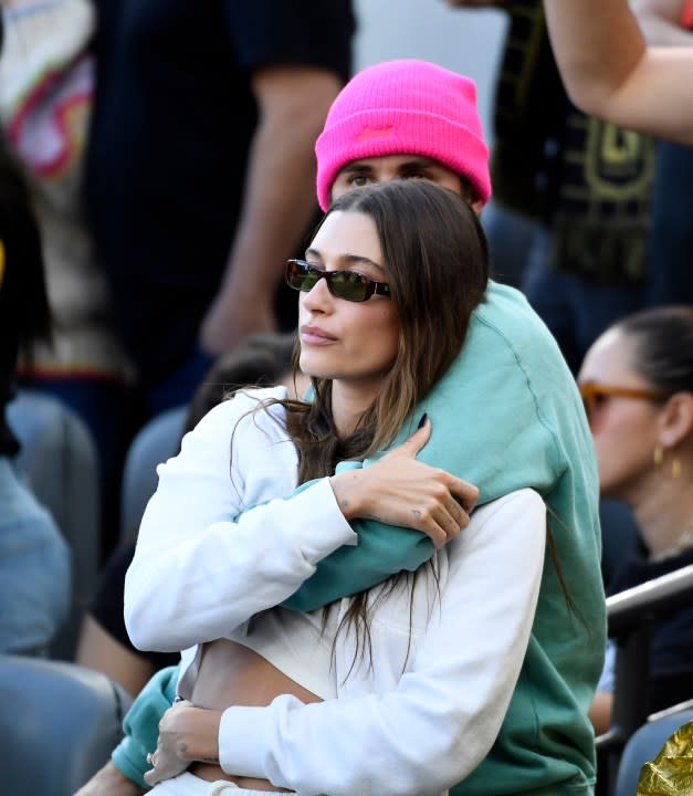 LOS ANGELES, CA – NOVEMBER 05: Justin Bieber and Hailey Bieber attend the 2022 MLS Cup Final between Los Angeles FC and Philadelphia Union at Banc of California Stadium on November 5, 2022 in Los Angeles, California. (Photo by Kevork Djansezian/Getty Images)