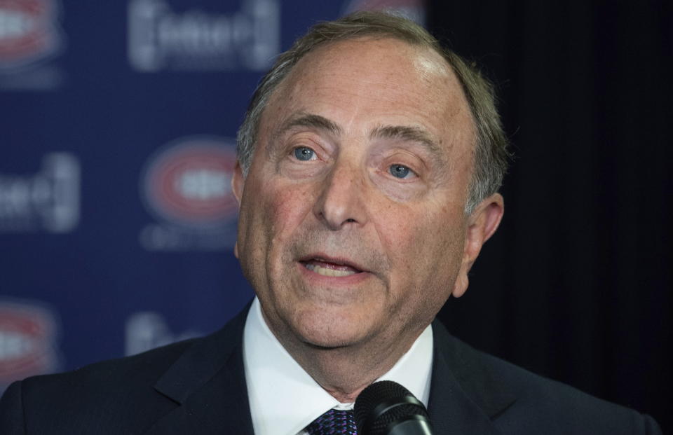 NHL Commissioner Gary Bettman speaks to reporters prior to an NHL hockey game between the Montreal Canadiens and the Boston Bruins in Montreal, Tuesday, Jan. 24, 2023. (Graham Hughes/The Canadian Press via AP)