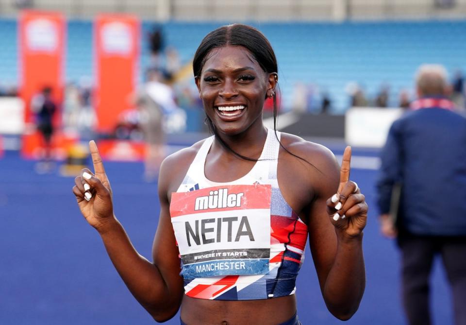 Daryll Neita celebrates winning the 100m in Manchester (Martin Rickett/PA) (PA Wire)