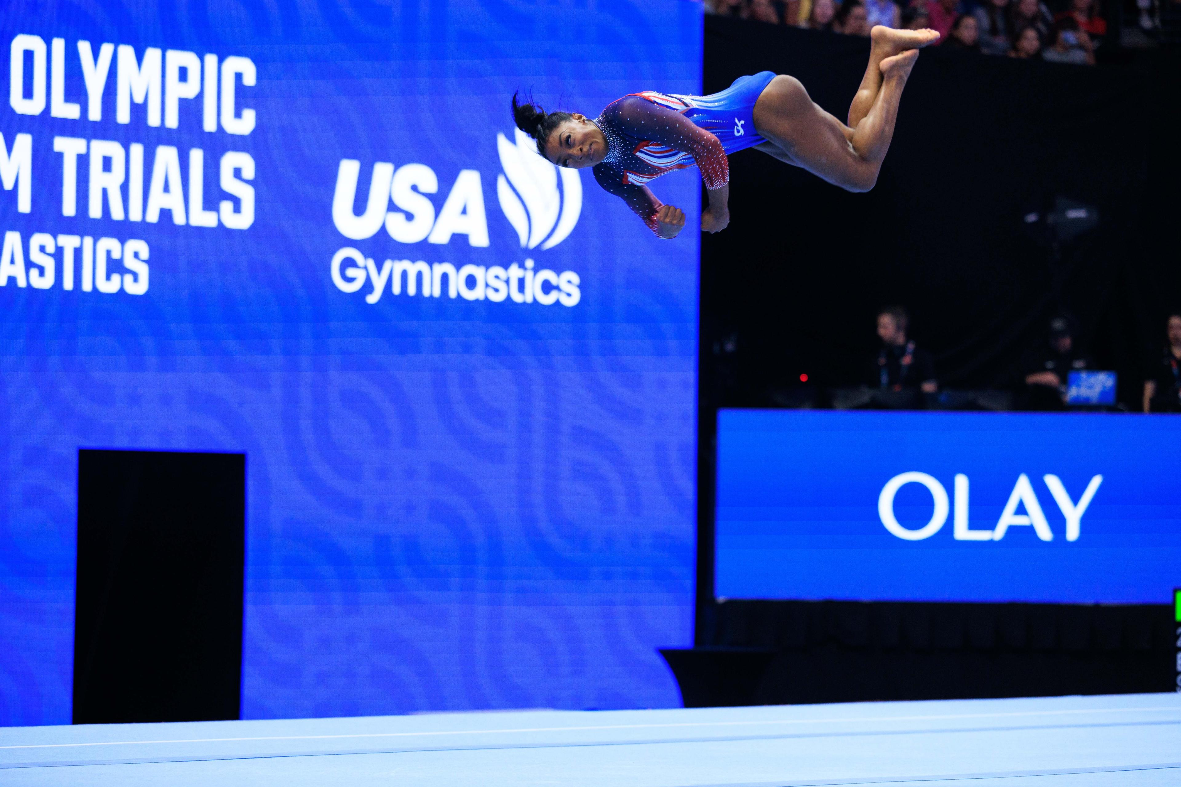 MINNEAPOLIS, UNITED STATES - JUNE 30: Simone Biles competes in the floor exercise during the women's U.S. Olympic Gymnastics Trials on June 30, 2024, in Minneapolis. (Photo by Nikolas Liepins/Anadolu via Getty Images)