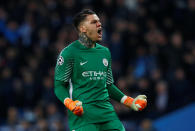 <p>Soccer Football – Champions League Quarter Final Second Leg – Manchester City vs Liverpool – Etihad Stadium, Manchester, Britain – April 10, 2018 Manchester City’s Ederson celebrates after Gabriel Jesus scores their first goal Action Images via Reuters/Jason Cairnduff </p>