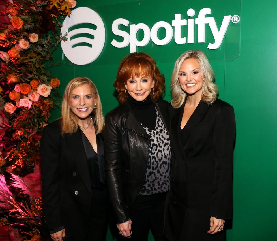 Dawn Ostroff, Spotify's Chief Content Officer, Reba McEntire and Brittany Schaffer with country icon Reba McEntire at the Bridge Building on October 29, 2019 in Nashville, Tennessee.