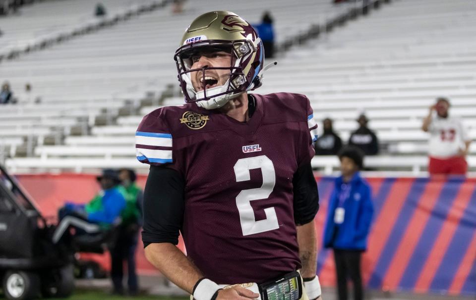 Michigan Panthers quarterback Shea Patterson (2) celebrates a touchdown against the Philadelphia Stars during the first half at Protective Stadium.