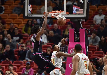 Nov 27, 2018; Miami, FL, USA; Miami Heat guard Josh Richardson (0) dunks the ball in the first half against the Atlanta Hawks at American Airlines Arena. Mandatory Credit: Steve Mitchell-USA TODAY Sports