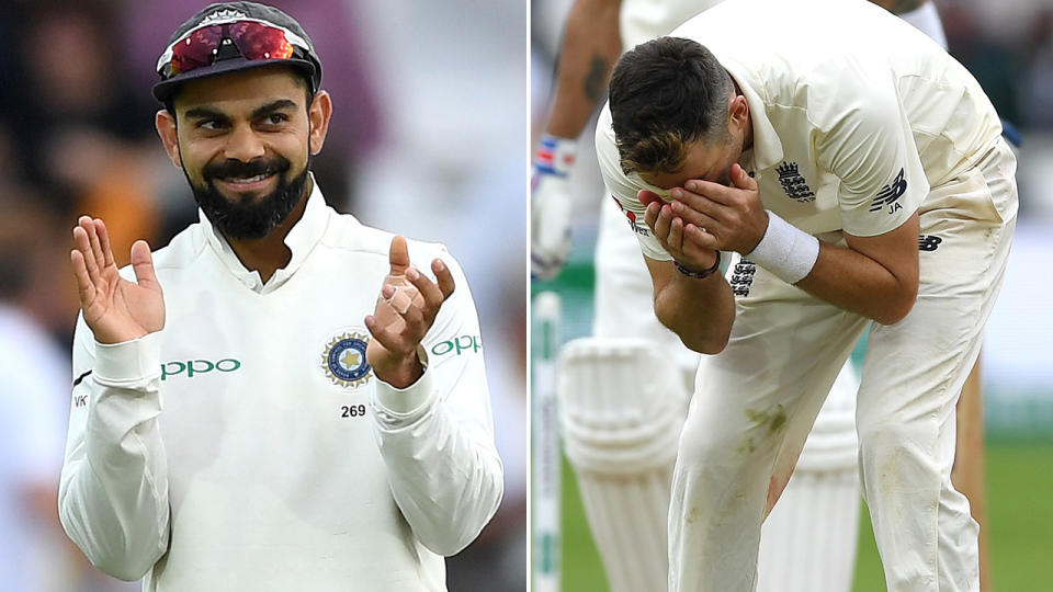 Jimmy Anderson couldn’t believe the Virat Kohli drop. Image: Getty