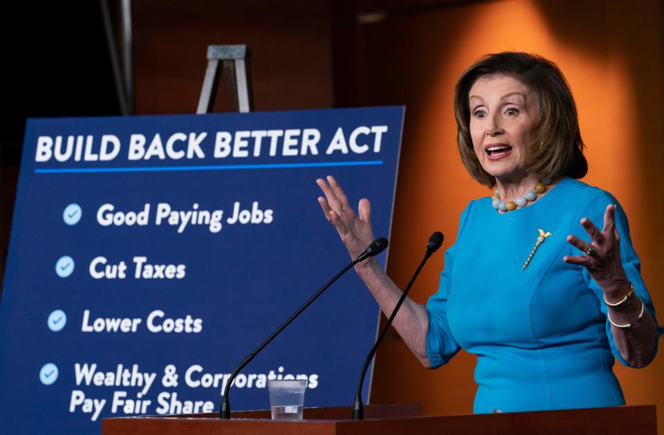 House Speaker Nancy Pelosi, D-California, talks about the Build Back Better Act that the House passed last week.