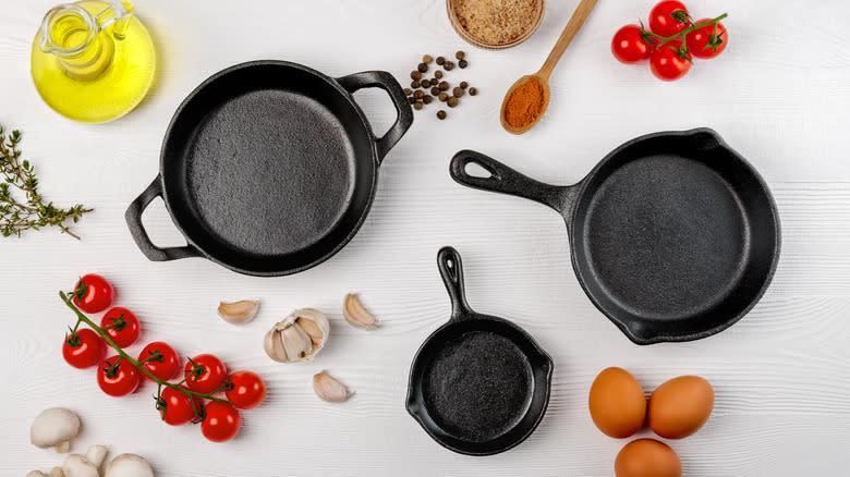 Mini cast iron pans with ingredients