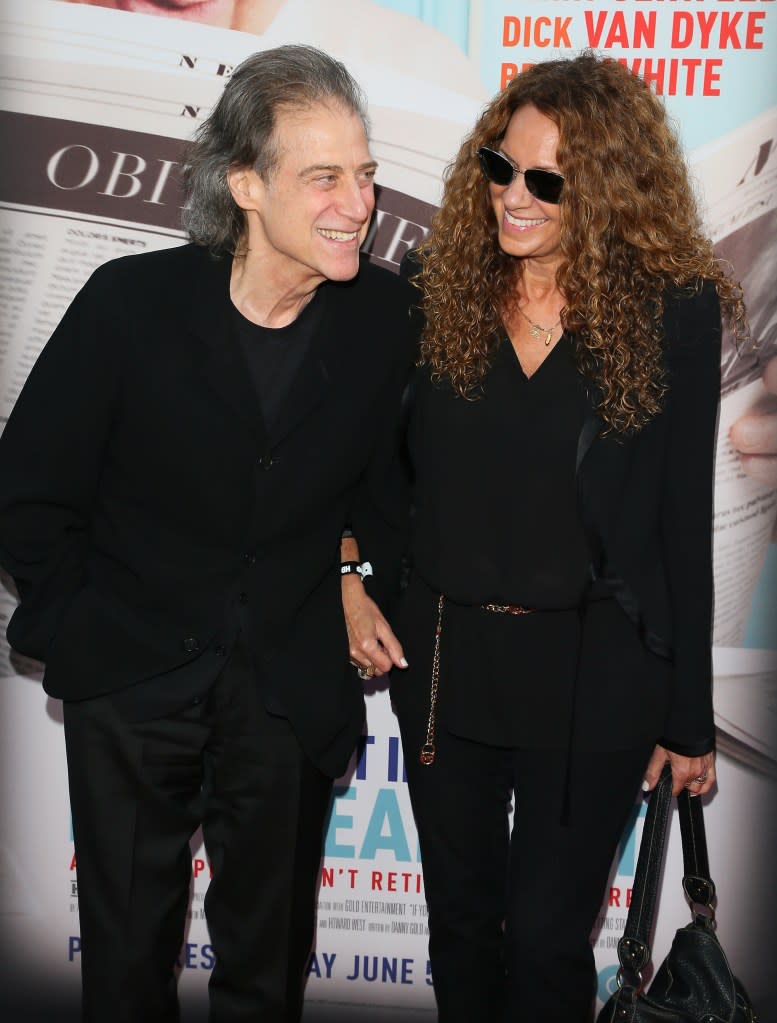 Richard Lewis and Joyce Lapinsky in Beverly Hills in 2017 at the premiere of Carl Reiner’s “If You’re Not in the Obit, Eat Breakfast.” WireImage