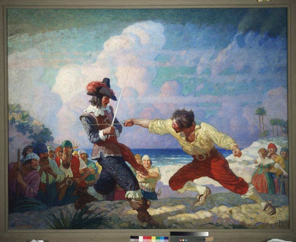 'The Duel on the Beach.' (Newell Convers Wyeth/The National Geographic/Christie’s Images) <br> <br> <a href="https://www.christies.com/services/publications/browse-ecatalogues.aspx" rel="nofollow noopener" target="_blank" data-ylk="slk:Click here to see the full collection at Christie's;elm:context_link;itc:0;sec:content-canvas" class="link ">Click here to see the full collection at Christie's</a>