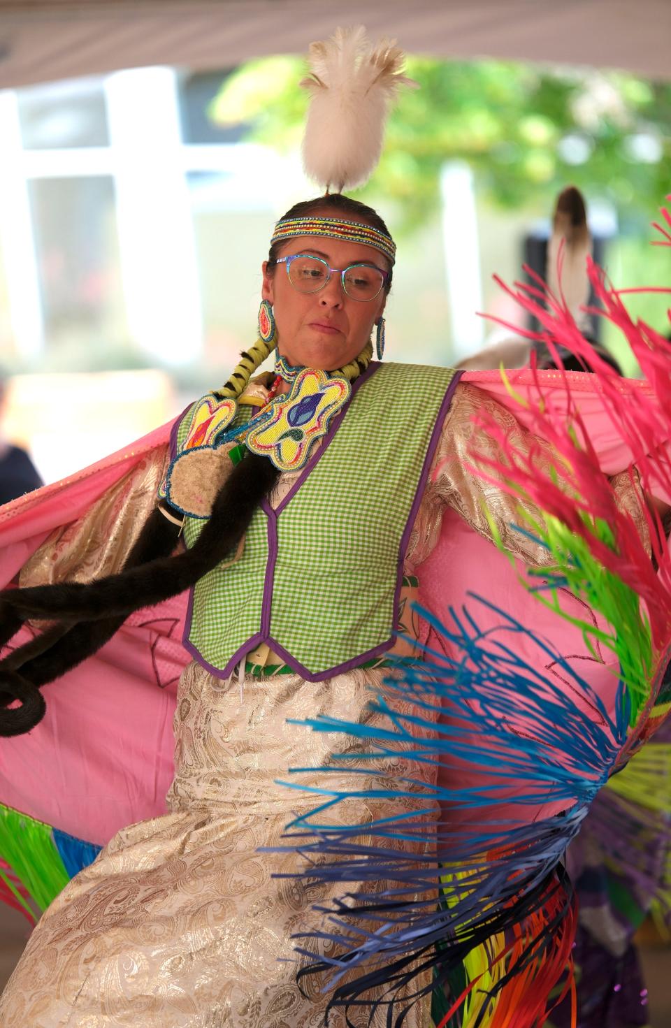 Brittany Yarholar, who is Cheyenne/Arapaho and Creek, dances during a dance showcase by the Central Plains Dance Troupe at the 2023 Red Earth Festival at the National Cowboy & Western Heritage Museum.