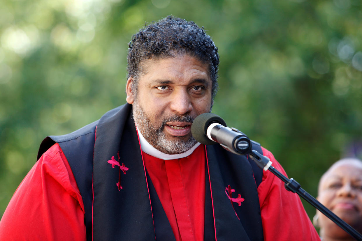 The Rev. William Barber II speaks out against North Carolina's "bathroom law," which kept trans people from using the bathroom of their choice, outside the state legislature in Raleigh, North Carolina, in May 2016. The law was repealed in 2017. (Photo: Jonathan Drake / Reuters)