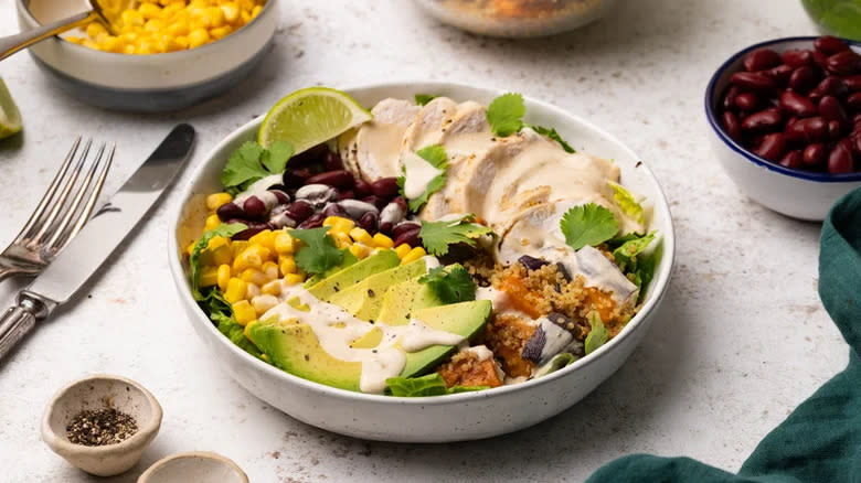 Chicken, quinoa, avocado, corn, beans