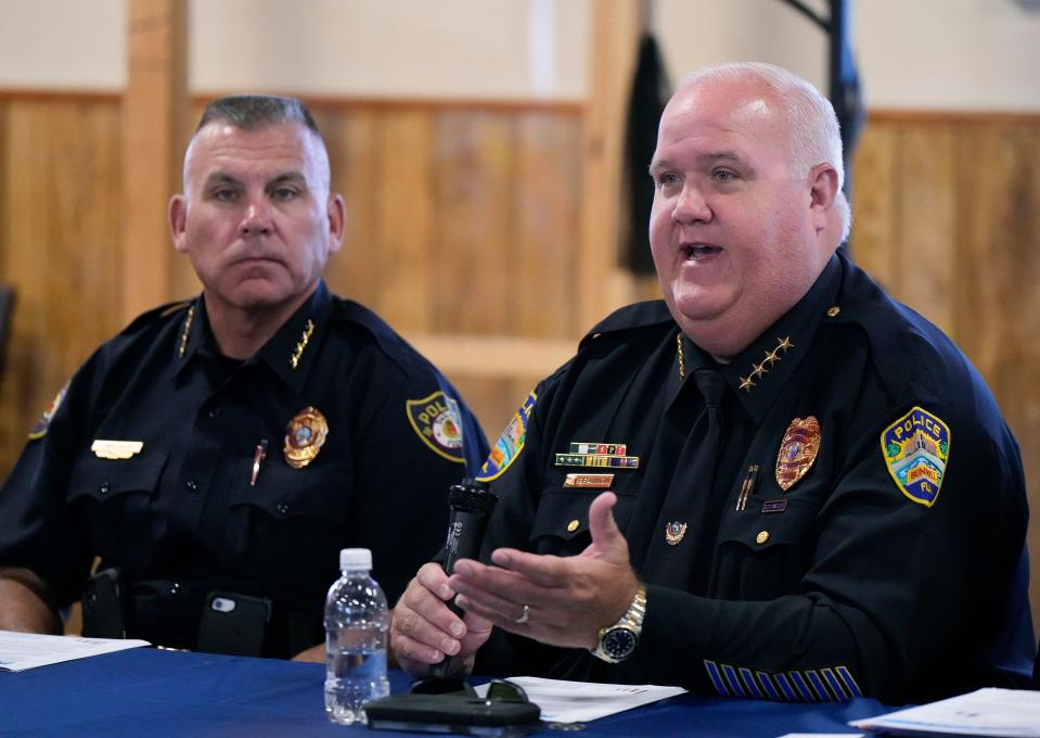 Bunnell Police Chief David Brannon, right, talks about the need for federal support of proactive programs for children, such as Boys & Girls Clubs during a roundtable event with U.S. Sen. Rick Scott. DeLand Police Chief Jason Umberger is to Brannon's left.