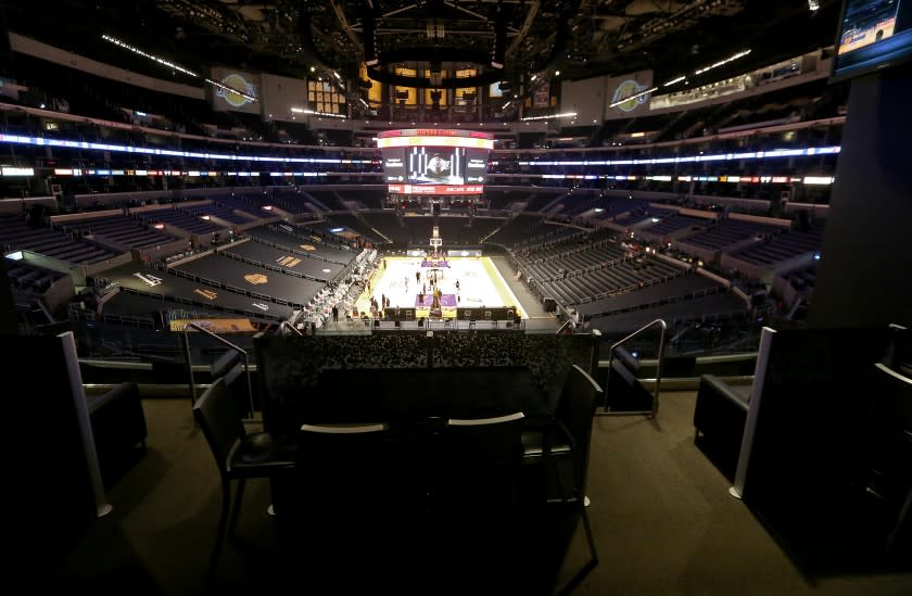 LOS ANGELES, CA. - JAN. 7, 2021. A darkened and empty bar and lounge at Staples Center in Los Angeles on Thursday, Jan. 7, 2021. (Luis Sinco/Los Angeles Times)