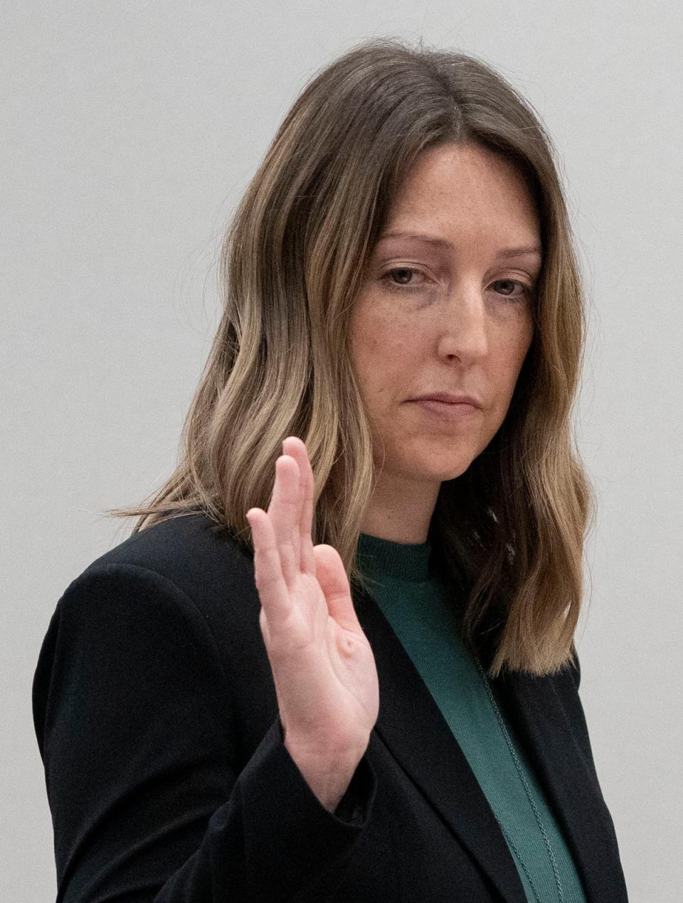 Dr Caitlin Bernard appears at a state medical board hearing on 25 May. (AP)