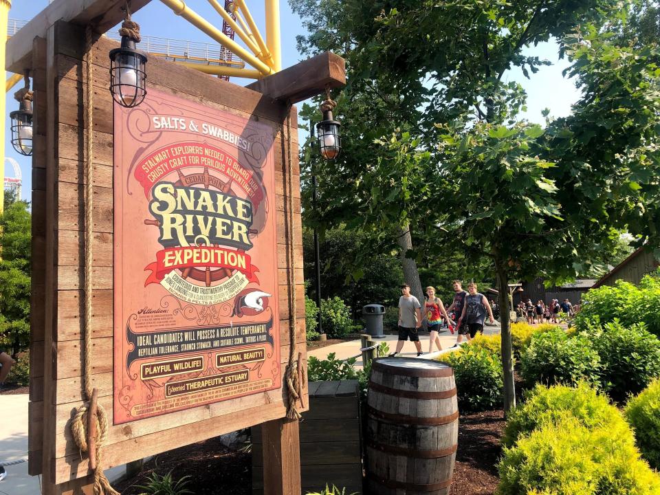 A sign greets visitors at the entrance to the new Snake River Expedition attraction at Cedar Point.