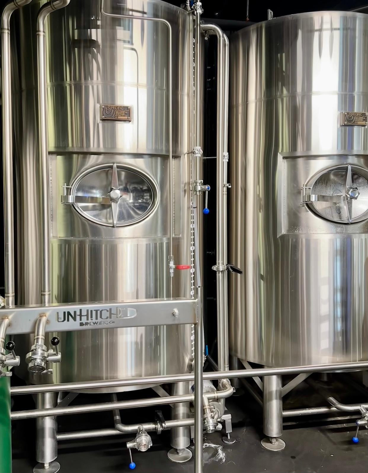 Two of the brew tanks at UnHitched Brewing Company in Louisville.