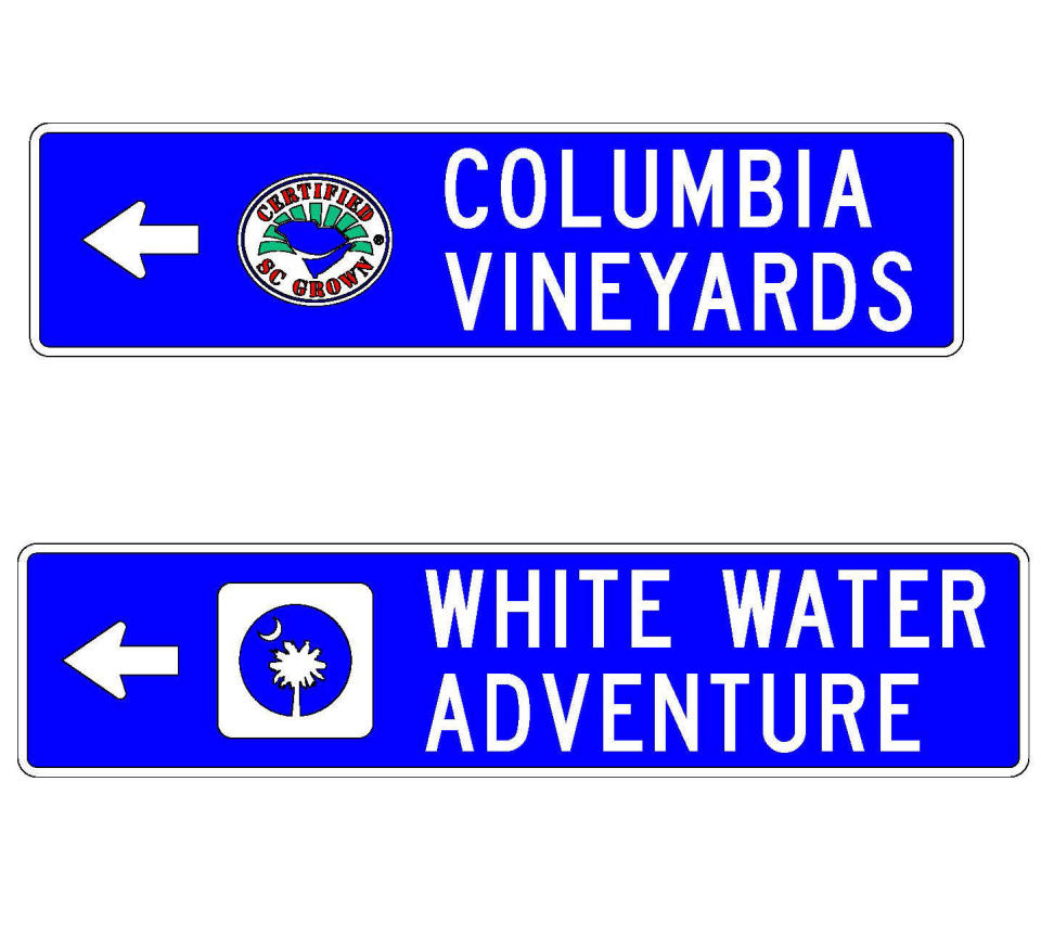 This image provided by the South Carolina Department of Agriculture on Sept. 24, 2013, shows examples of new tourism oriented signs the state of South Carolina will provide for businesses to attract visitors to rural and agricultural attractions. The new sign program begins next month and businesses qualifying for signs must be in rural areas, accessible from paved highways, staffed on a regular basis and offer unique tourism or agricultural experiences. (AP Photo/South Carolina Department of Agriculture)