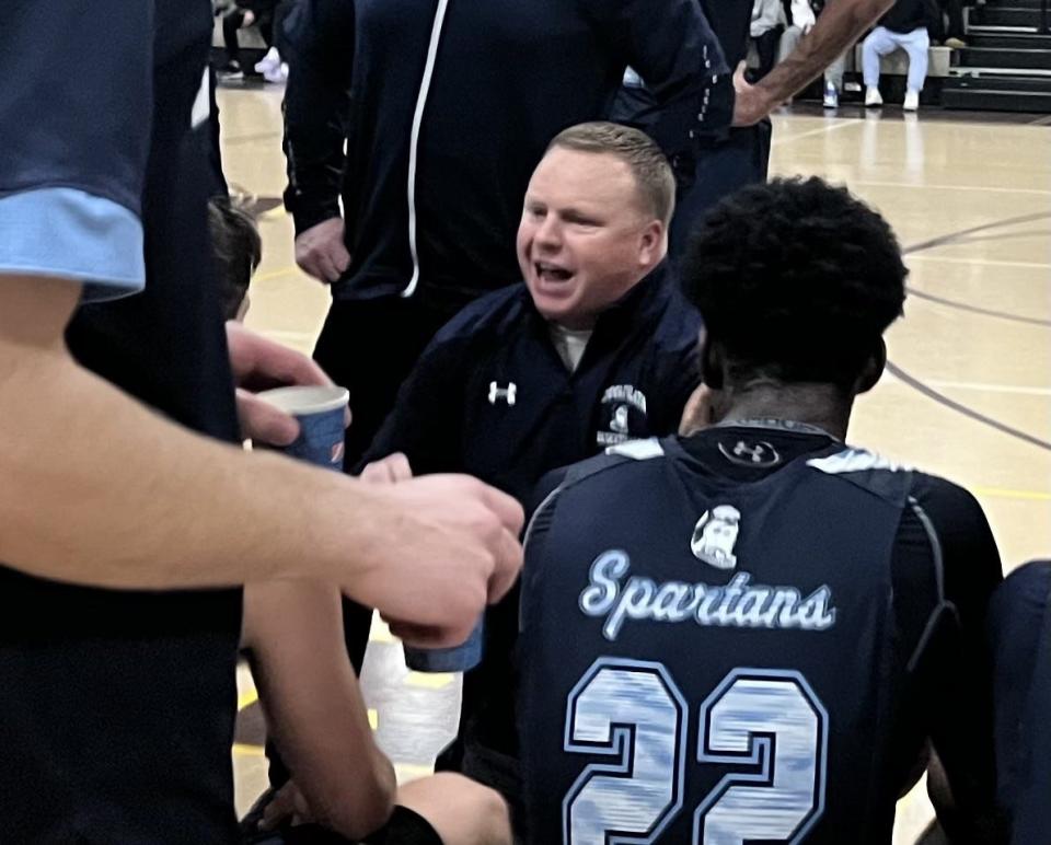 Immaculata boys basketball coach Ryan McKeever talks to his team during a fourth quarter timeout at Watchung Hills on Jan. 3, 2023